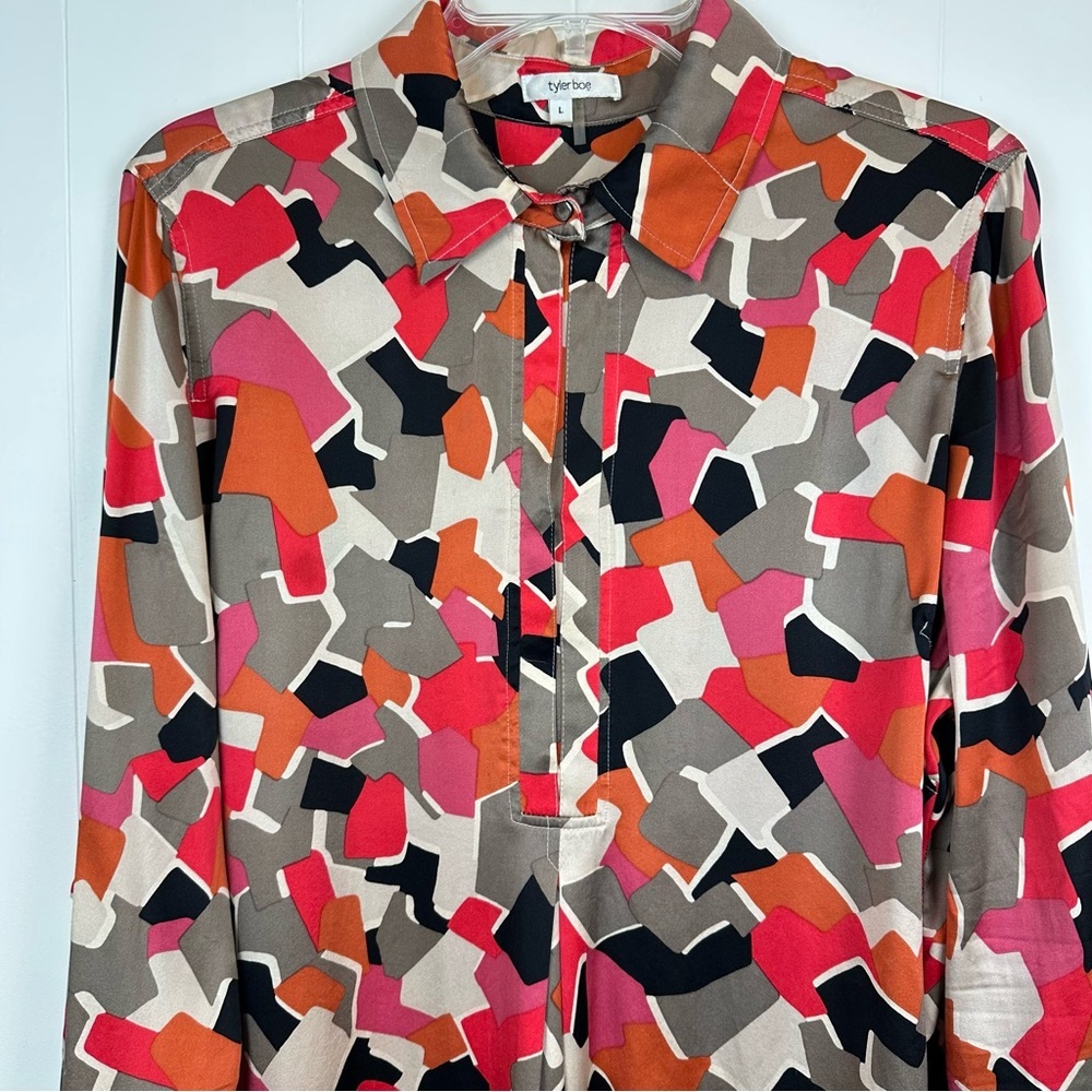 Tyler Boe 100% Silk Mod Print Colorful Snap Front Tunic Size L🔥🔥 - Picture 9 of 15
